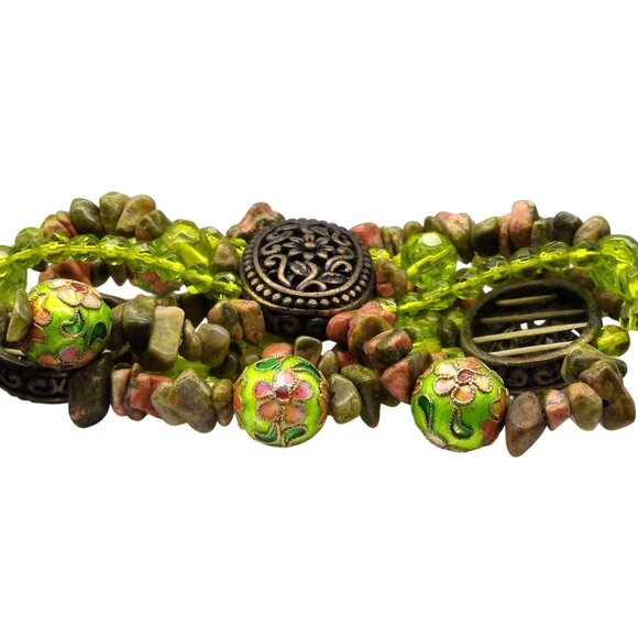 Vintage Multi Strand Green Stretch Bracelet with Unakite Jasper Chips, Faceted - Picture 2 of 4